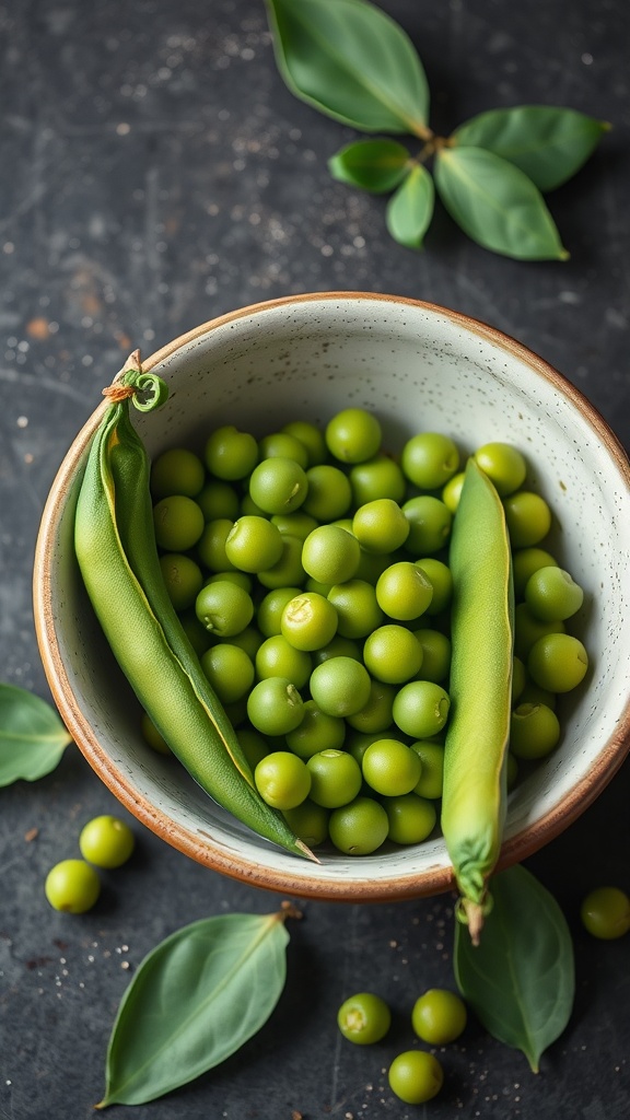 A bowl of fresh green peas with pods and leaves