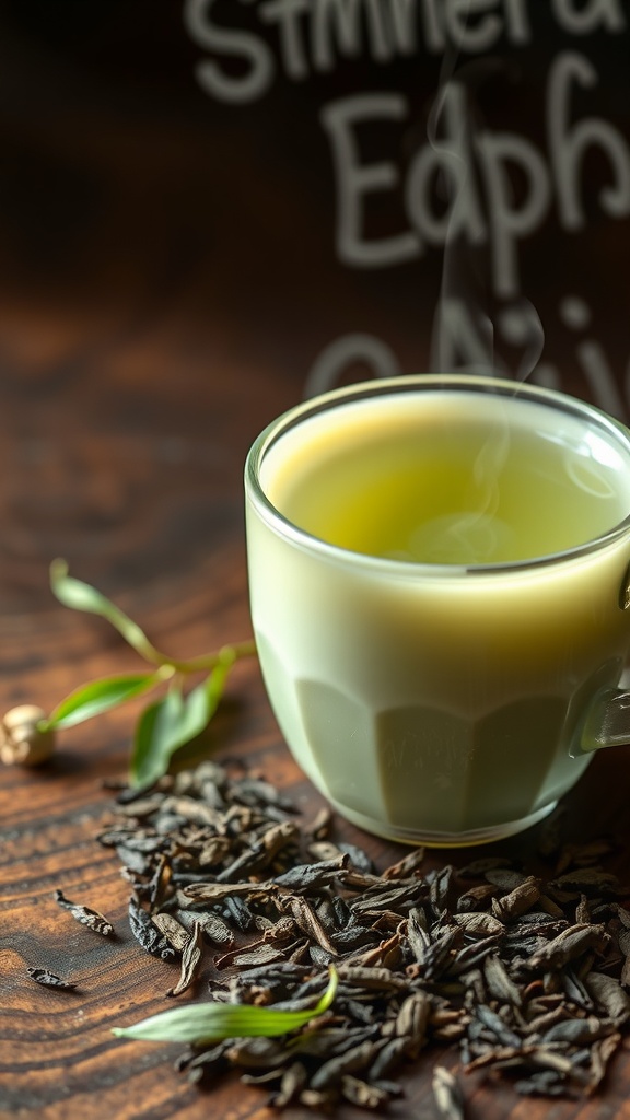 A steaming cup of green tea with loose leaves on a wooden surface.