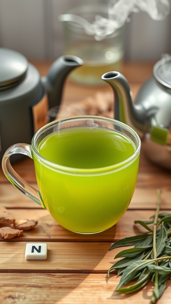 A steaming cup of green tea surrounded by a teapot and herbal ingredients, emphasizing its antioxidant properties.