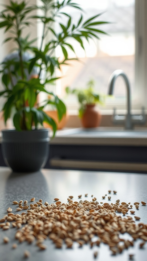 Hemp seeds scattered on a kitchen counter with a plant in the background.