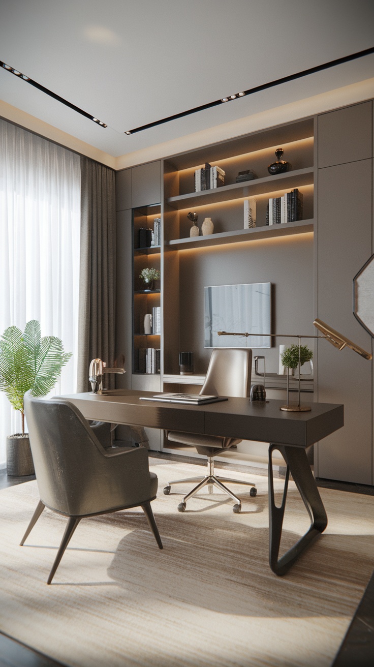 A modern high-tech home office featuring a sleek desk, comfortable chair, built-in shelves, and cozy lighting.