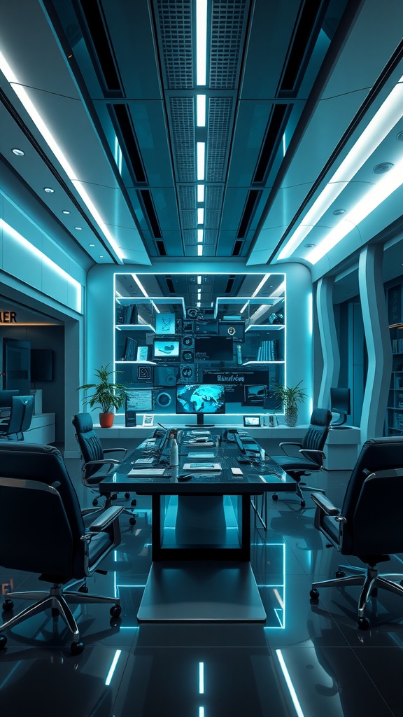 A high-tech futuristic executive office design featuring glowing blue accents and modern furniture.
