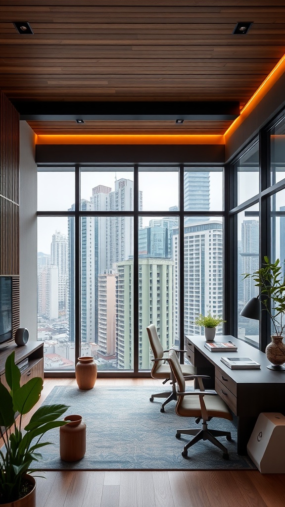 Modern home office in Hong Kong featuring large windows, wooden ceiling, and contemporary furnishings.