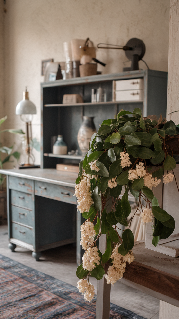 A Hoya plant with white flowers draping over a wooden shelf in a cozy interior setting.