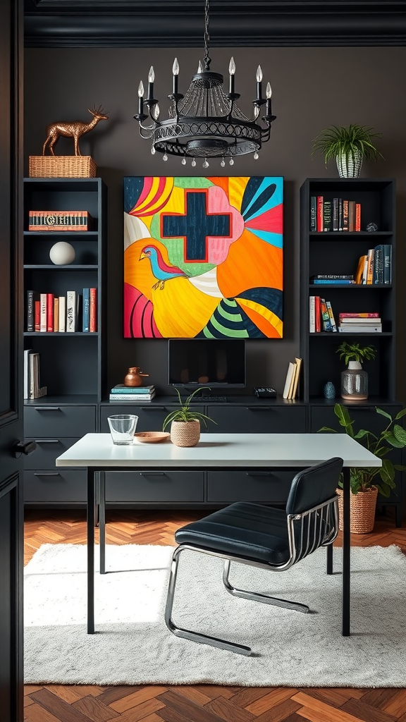 A cozy office space featuring colorful artwork, a modern desk, and stylish decor.