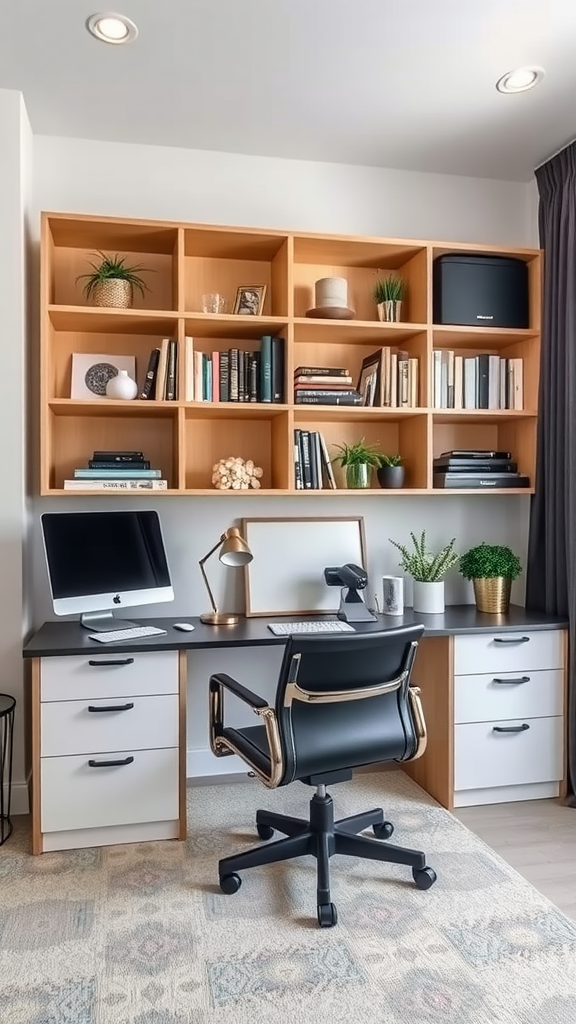 A modern home office setup featuring a desk with a computer, a task lamp, and a stylish shelf filled with books and plants.