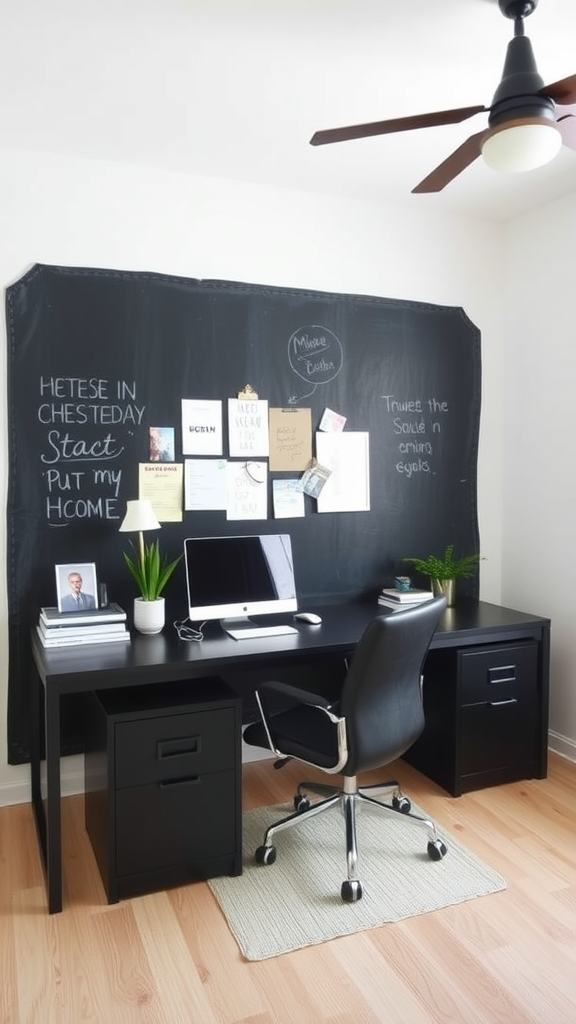 Image of a workspace featuring a chalkboard wall with notes and a desk setup.