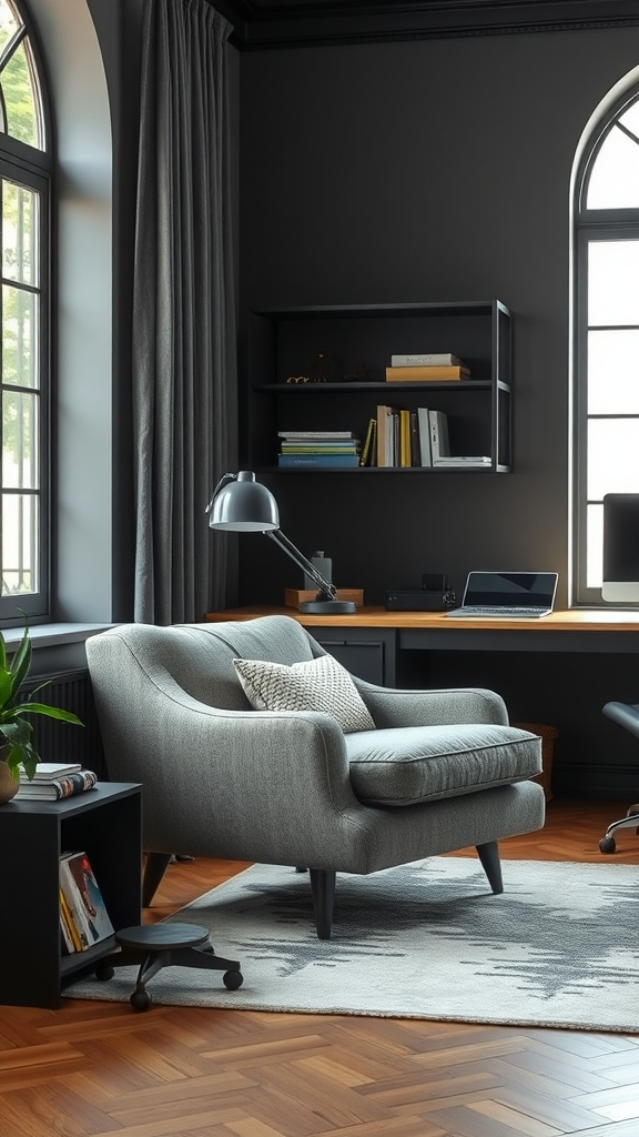 A cozy chair in a stylish room with a dark color scheme, surrounded by books and a desk.