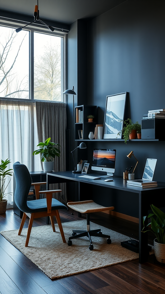 A modern home office with a desk, computer, chair, and plants, featuring large windows and dark walls.