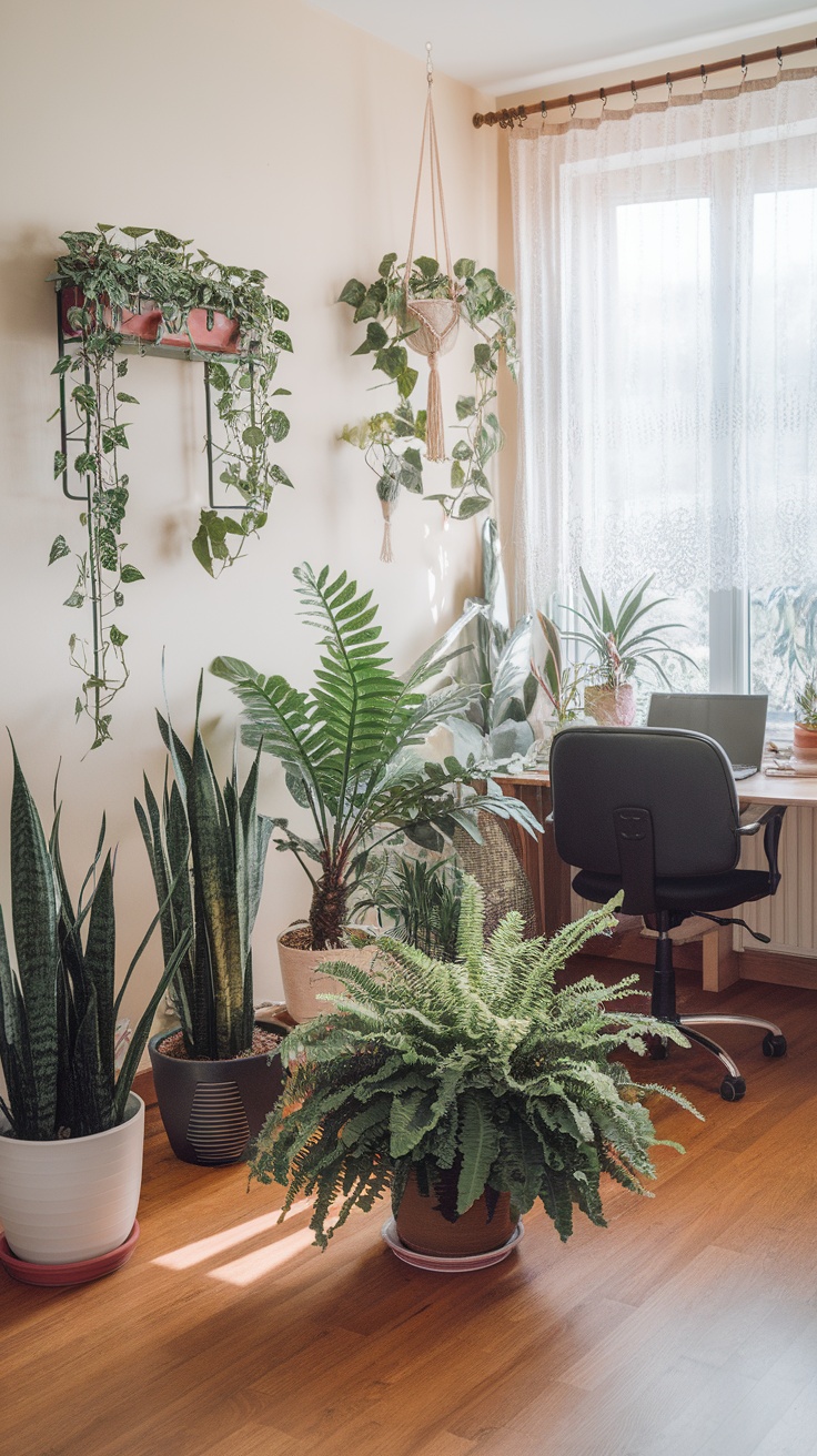 A cozy home office filled with various plants, including ferns and snake plants, showcasing a feminine and chic design.