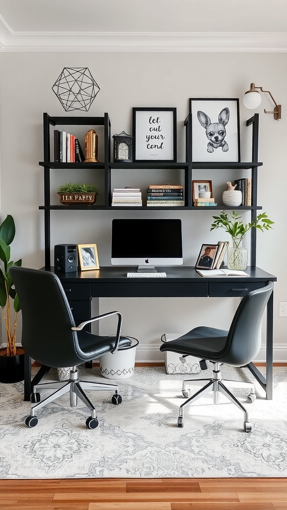 A stylish home office with a black desk, two chairs, and decorative items on shelves.