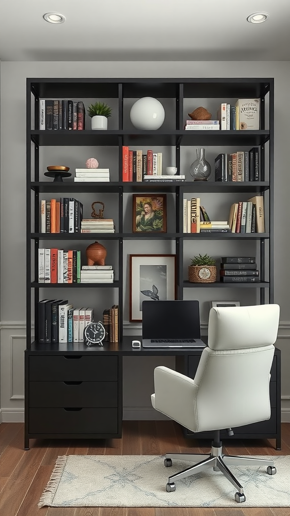 A stylish home office setup featuring a black shelving unit with books and decor, a desk with a computer, and a comfortable chair.