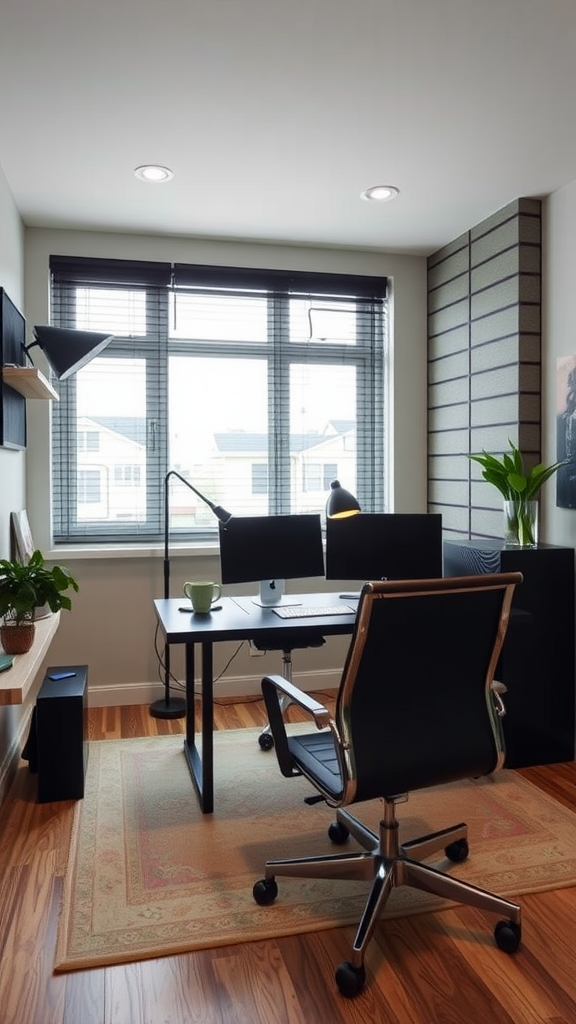 A modern office space featuring a black desk, two monitors, a comfortable chair, and soundproofing panels on the wall.