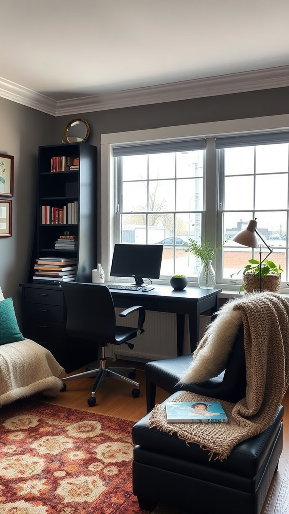 A cozy home office with warm textiles like a blanket and a patterned rug.