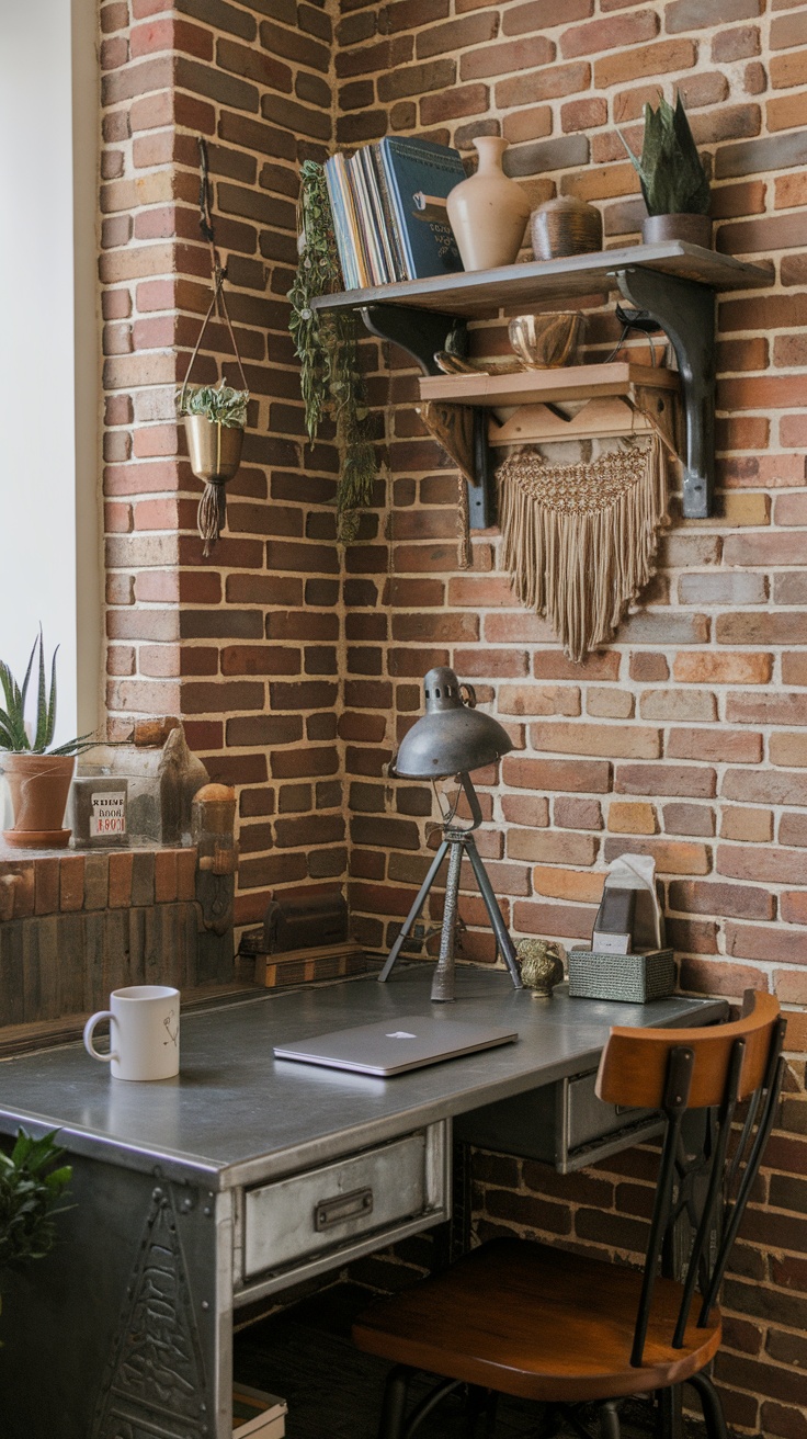 An industrial chic home office corner featuring a metal desk, an industrial lamp, and a brick wall with shelves and plants.