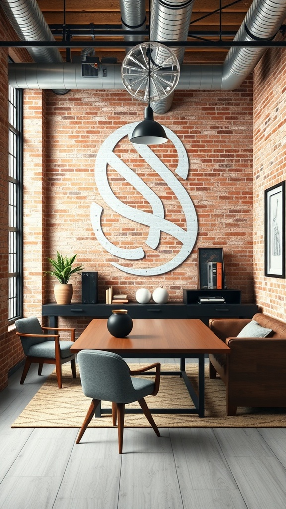 An industrial chic workspace featuring exposed brick walls, wooden furniture, and modern decor.