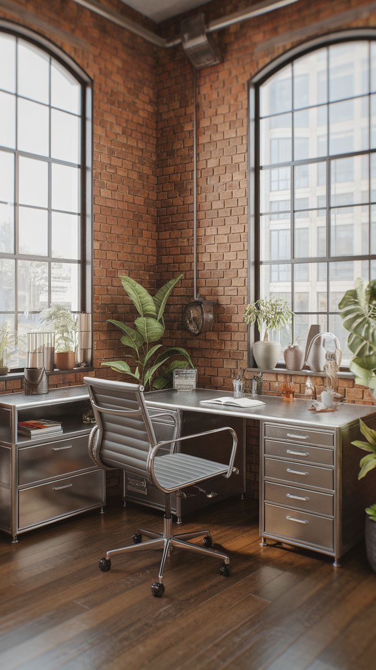 A stylish industrial loft office featuring exposed brick walls, large windows, a metal office desk, and potted plants.