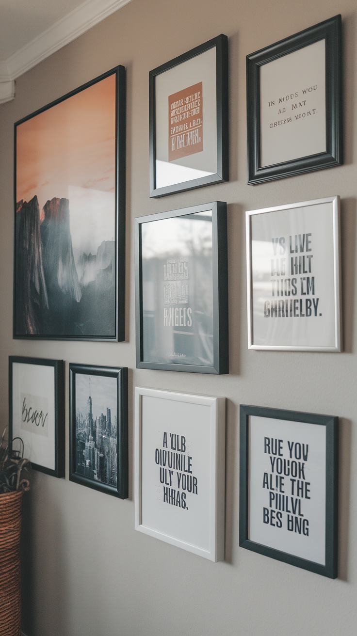 A wall art display in a modern home office featuring framed quotes and photographs.