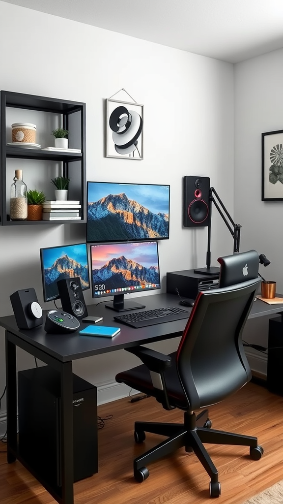 A modern workspace featuring dual monitors, a comfortable chair, and stylish decor.