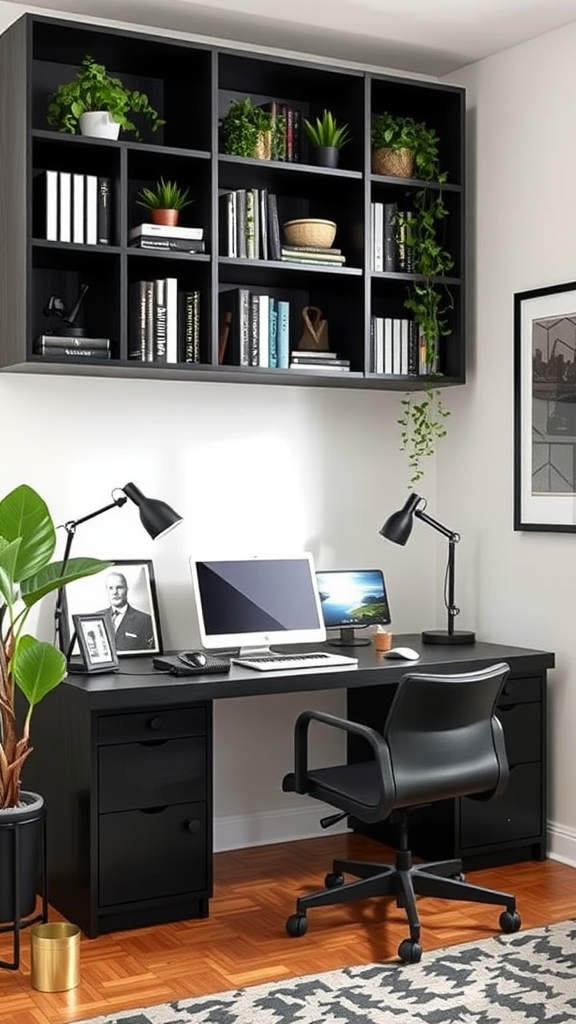 A stylish home office featuring a black desk, two lamps, a computer setup, and a shelf filled with plants and books.