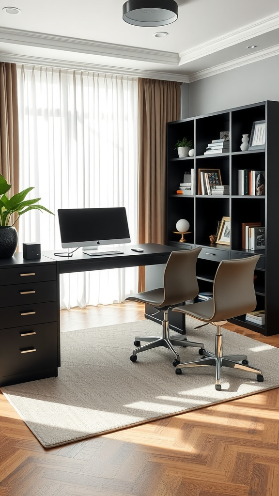 A modern office setup with a sleek desk, comfortable chairs, and a bookshelf, featuring natural light filtering through the curtains.