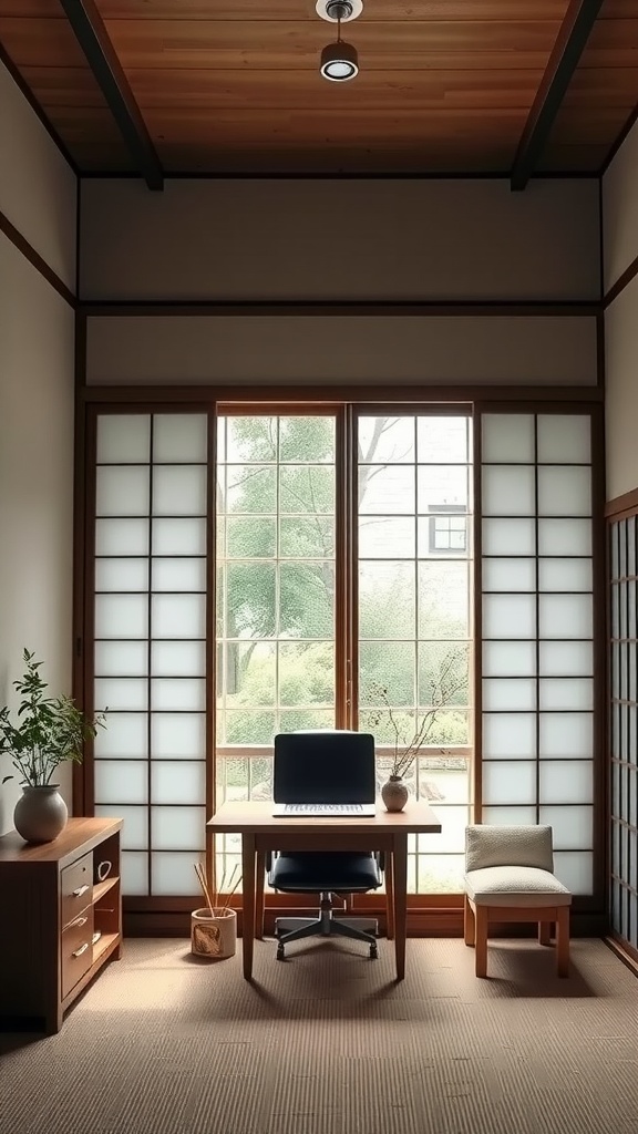 A minimalist Japanese-style home office with a wooden desk, comfortable chair, and large windows featuring shoji screens.