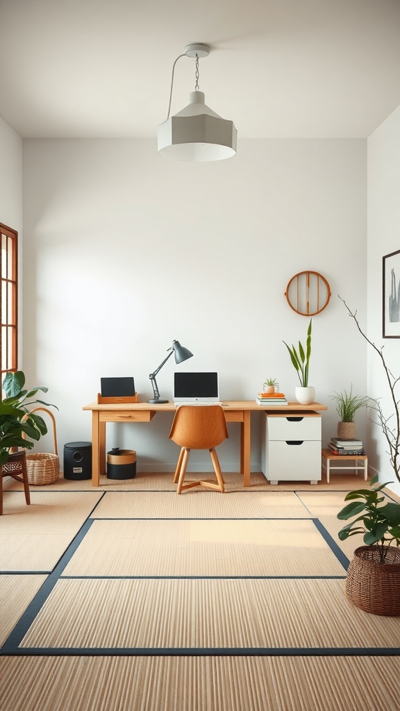 A serene Japanese Zen workspace featuring a wooden desk, comfortable chair, plants, and tatami mats.