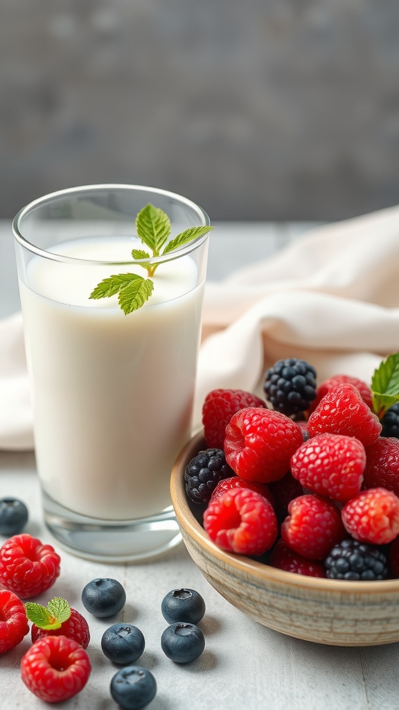 A glass of kefir with a mint leaf, next to a bowl of mixed berries.