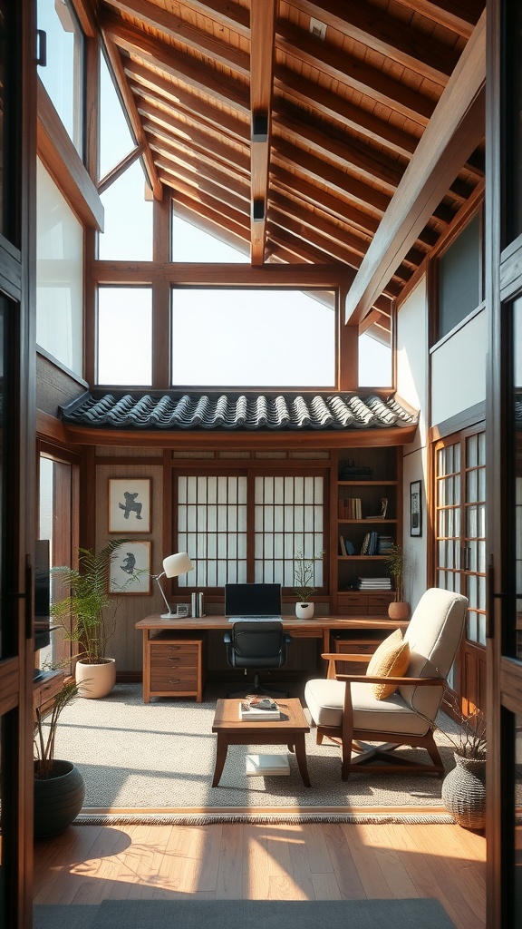 A Korean Hanok influenced home office with wooden beams, natural light, and minimalist decor.