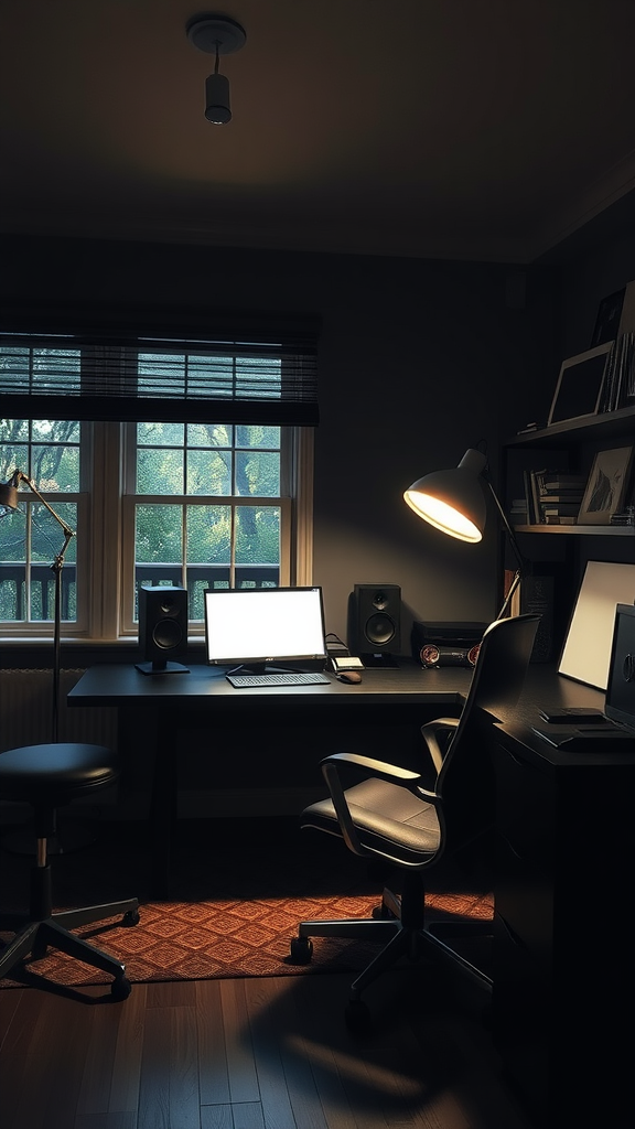 A dimly lit office with warm desk and floor lamps, creating a cozy atmosphere.