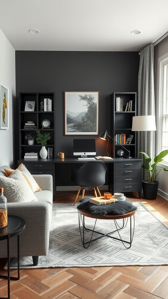 A stylish and cozy home office featuring a gray sofa, a round coffee table, and a sleek black desk against a dark wall.