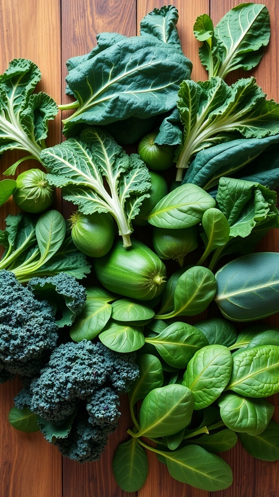 A variety of leafy greens including kale, spinach, and collard greens arranged on a wooden surface.