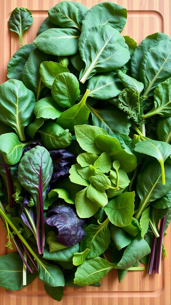 A variety of leafy greens including spinach, kale, and Swiss chard on a wooden cutting board.