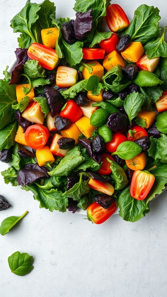 A vibrant salad with leafy greens, colorful diced vegetables, and black olives.