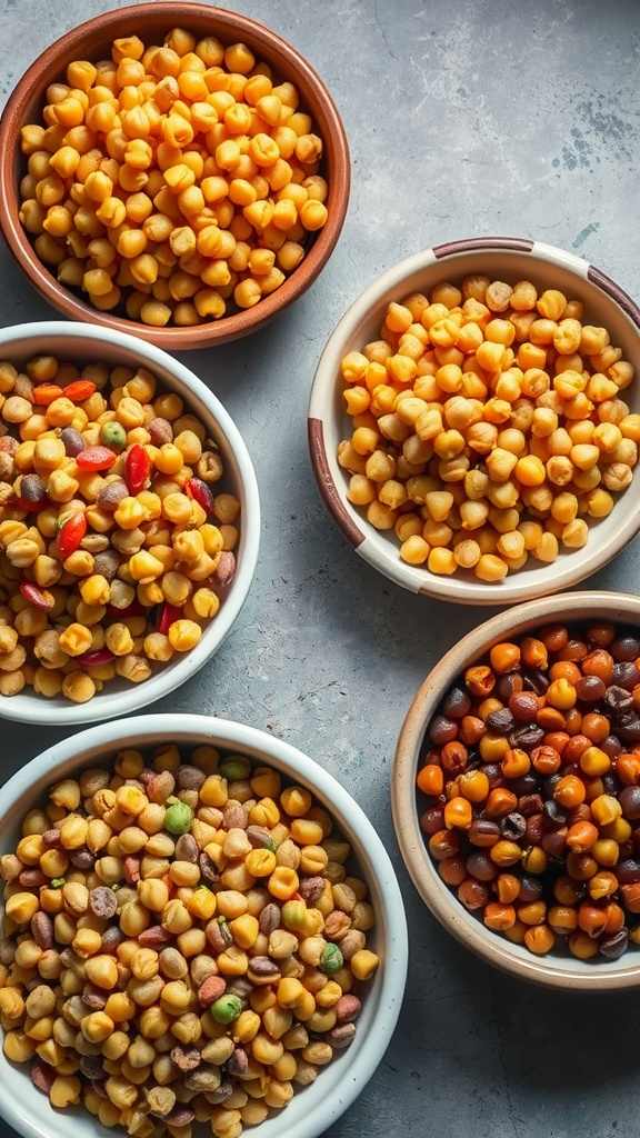 Colorful bowls filled with various types of legumes displayed on a surface