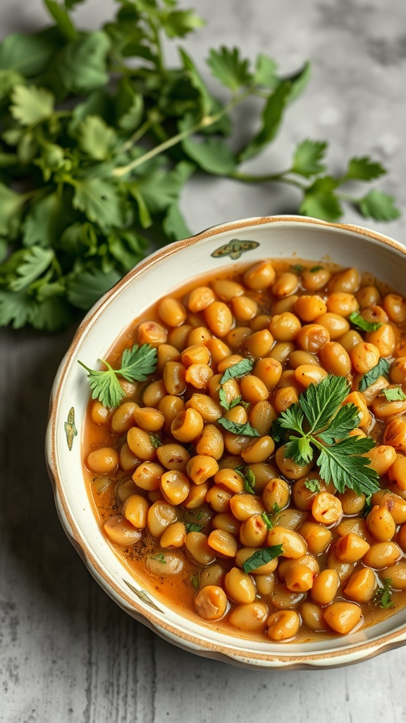 A bowl of lentils garnished with fresh herbs, surrounded by leafy greens.