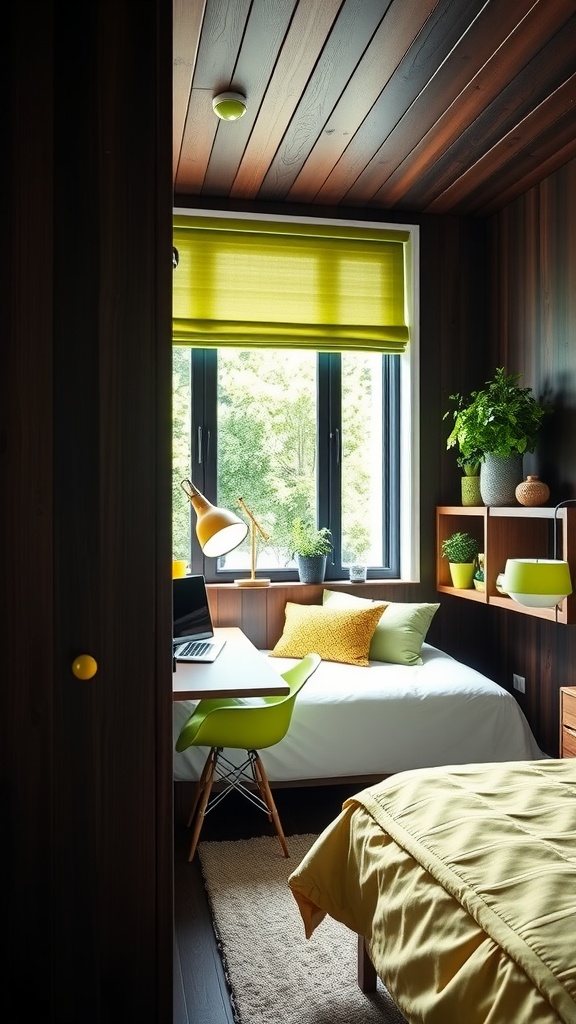 Cozy bedroom office with lime green accents and dark wood paneling.