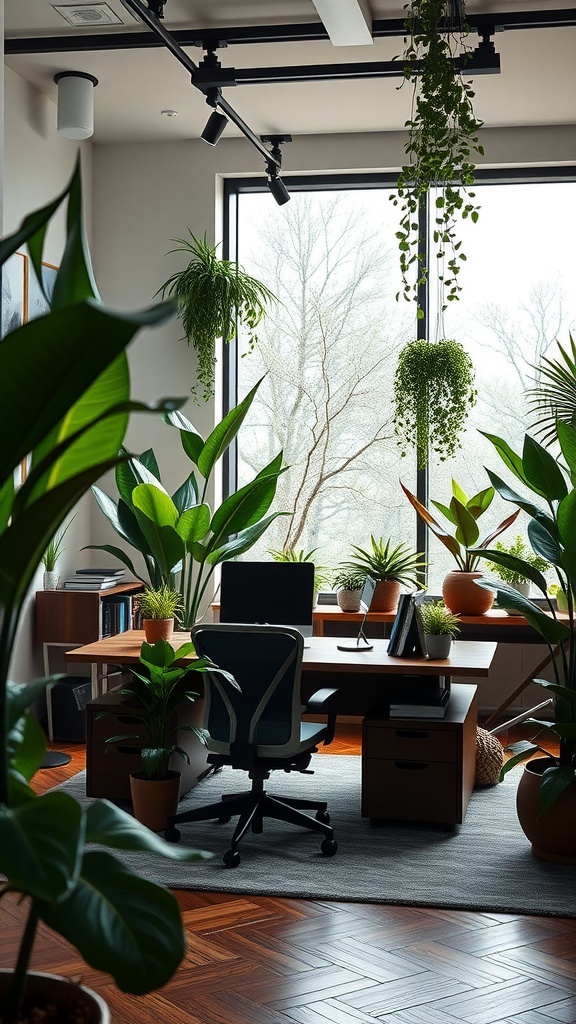 A lush executive office filled with various plants, featuring a modern desk and large windows.