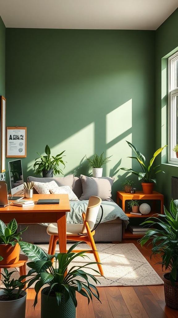 A cozy bedroom office setup with green walls, natural light, and plenty of plants