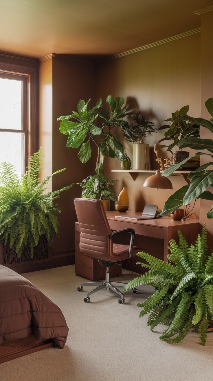 A small bedroom with a work desk surrounded by lush green plants and a warm brown wall.