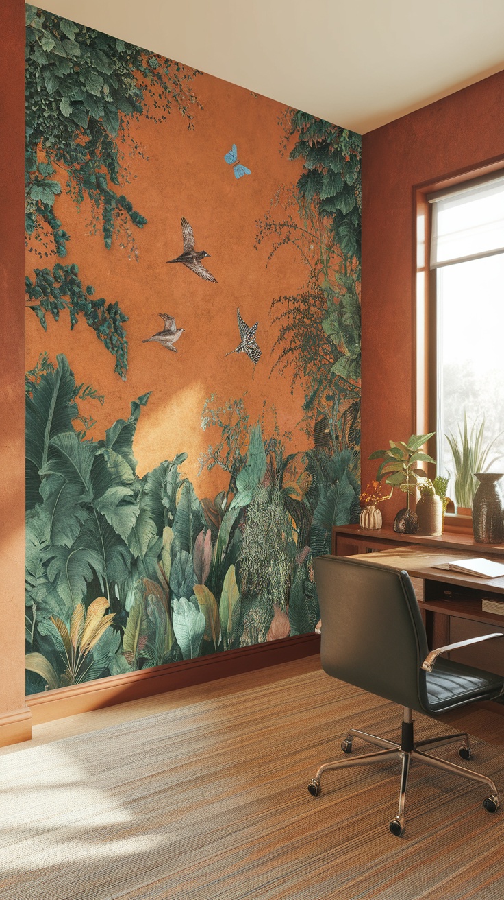 A home office featuring a striking mural of lush greenery and birds on the wall, with a stylish desk and ergonomic chair.