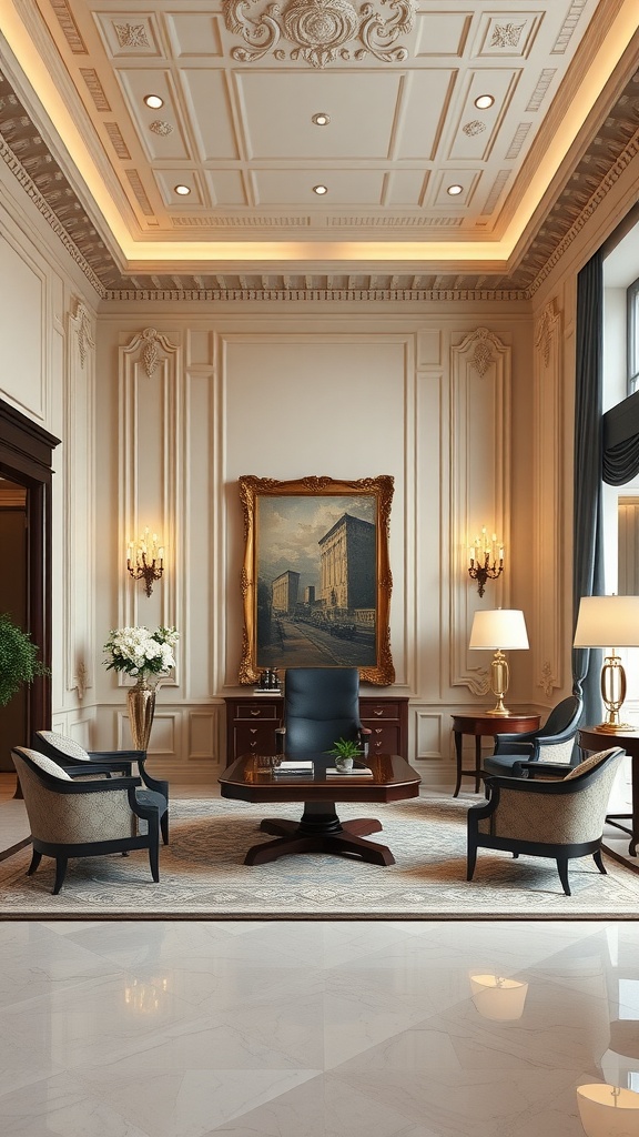 A luxurious neo-classical office interior featuring detailed moldings, elegant furniture, and a large painting.