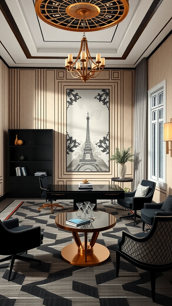 Luxurious executive office interior with Art Deco inspiration featuring elegant furniture and design elements.