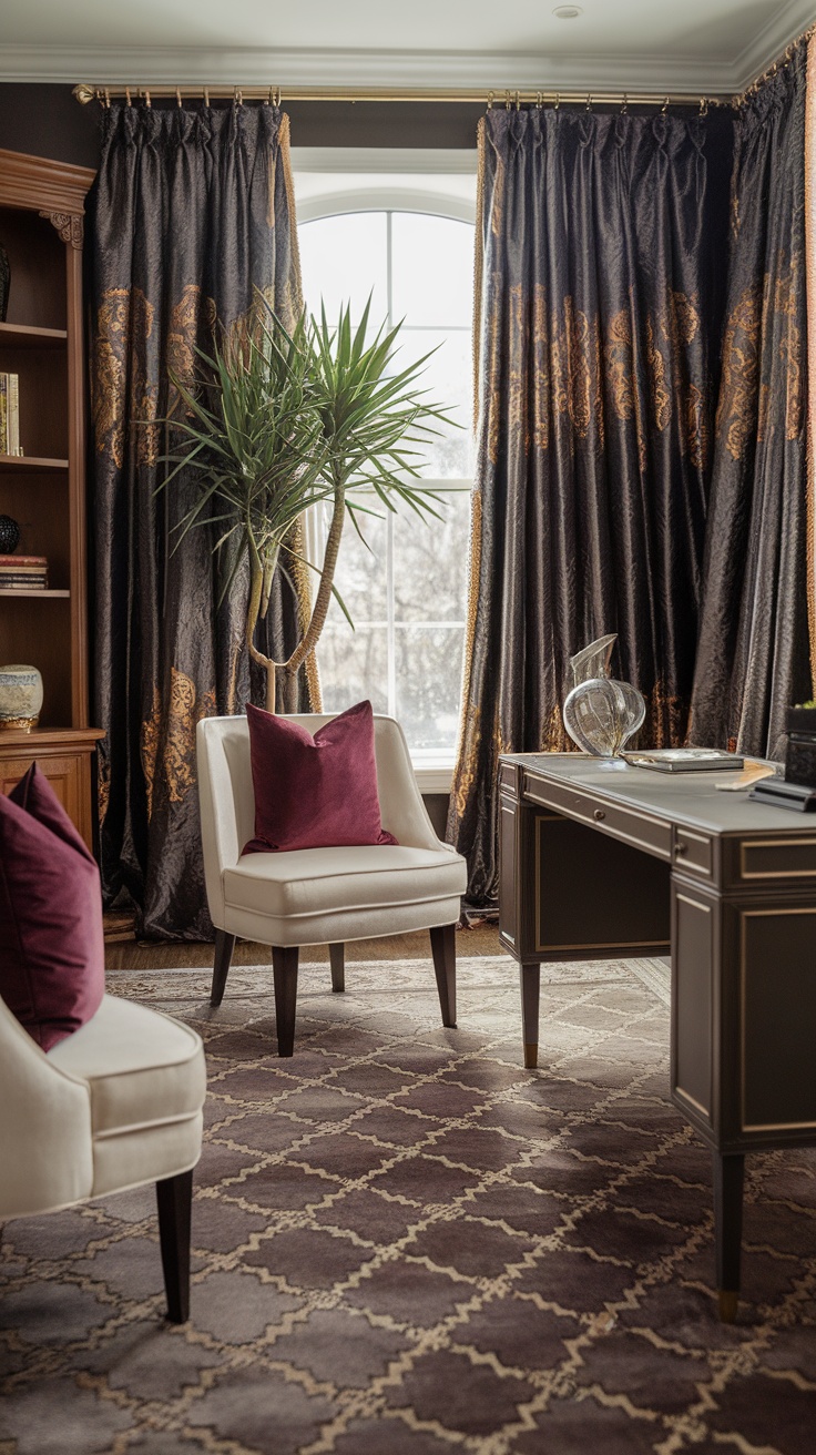 A stylish home office featuring luxurious fabrics, including velvet cushions and patterned curtains, creating an elegant and cozy atmosphere.