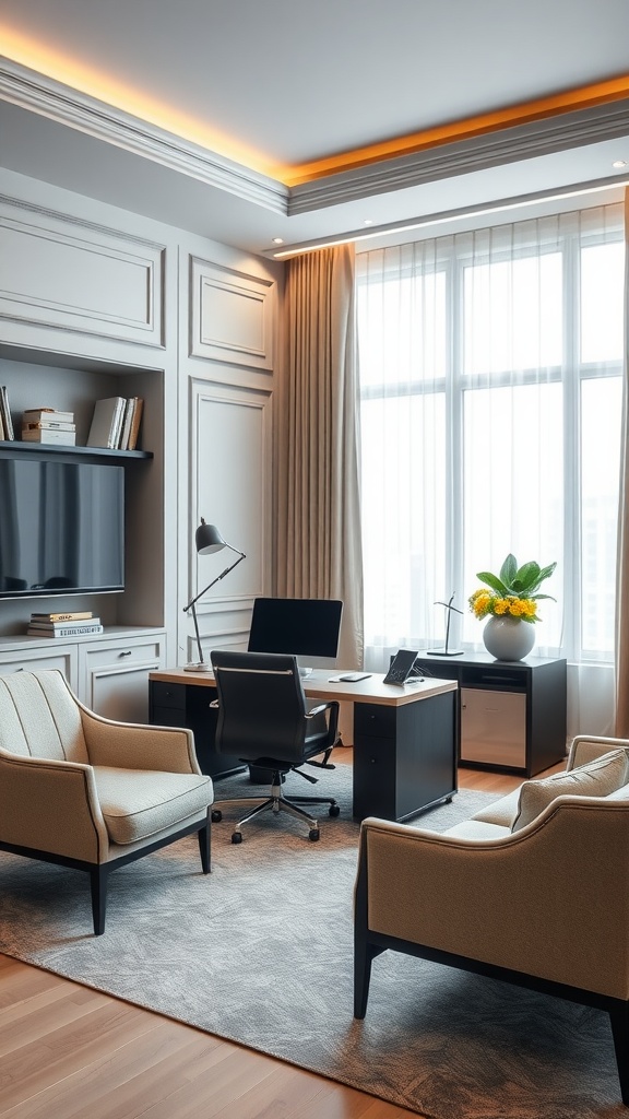 A luxury home office suite featuring a sleek desk, stylish chairs, and large windows with natural light.