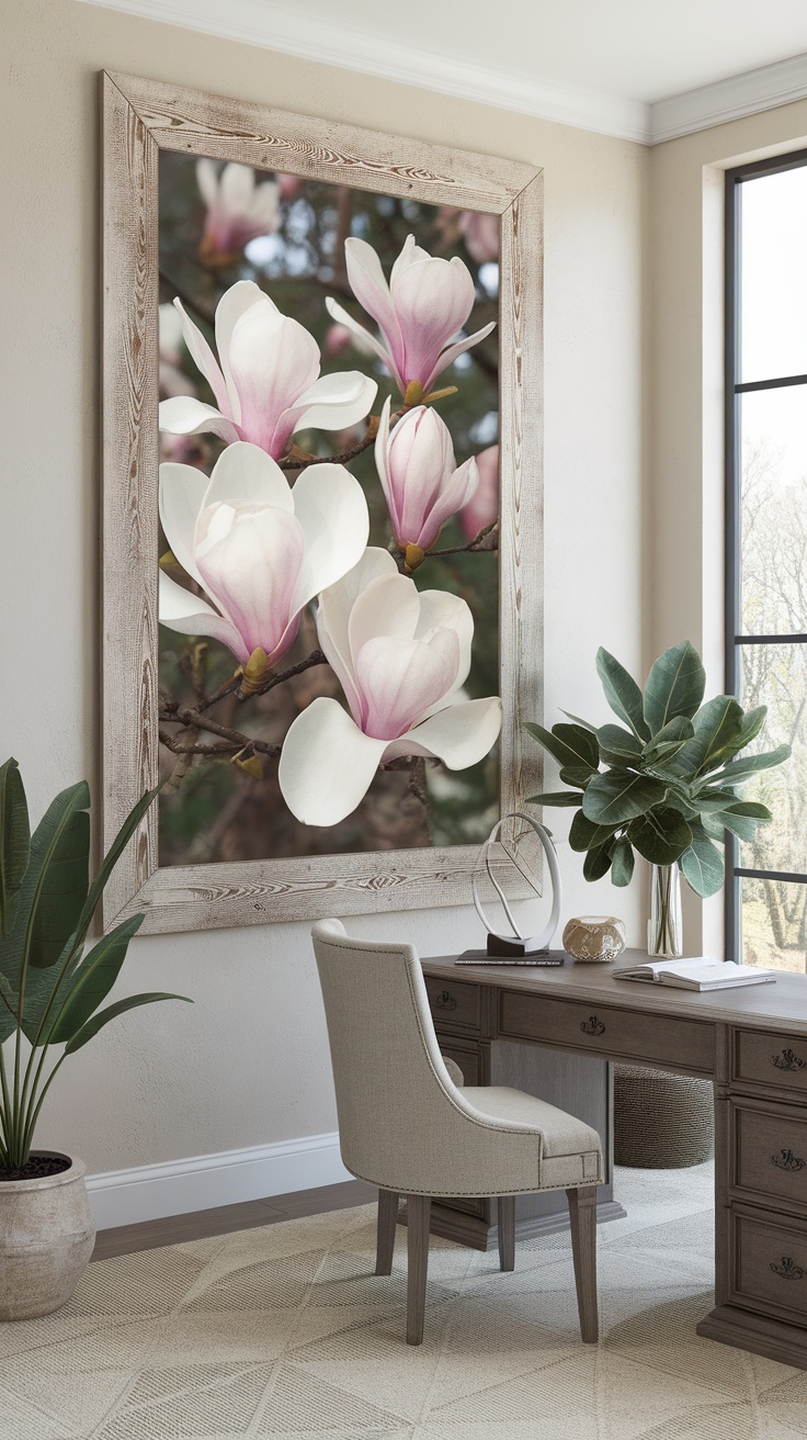 A framed artwork of magnolia blooms in a home office setting.