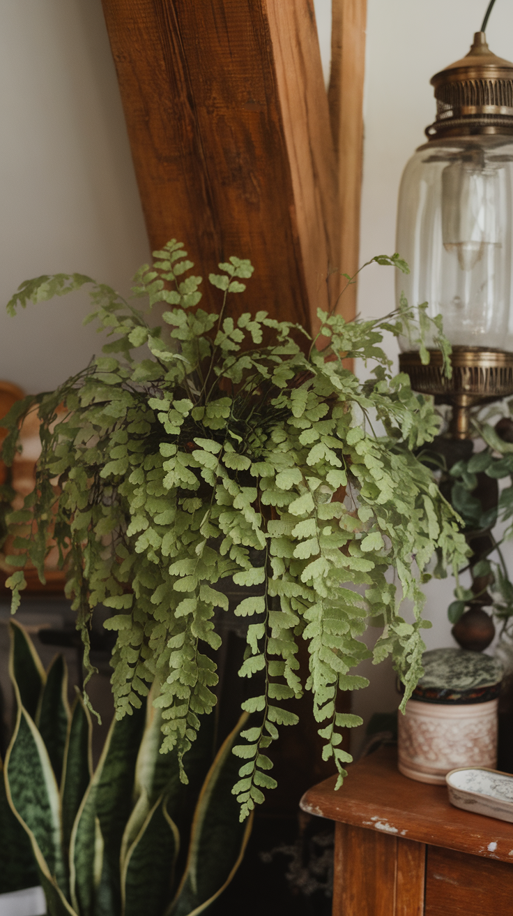 A lush maidenhair fern hanging in a cozy indoor setting.