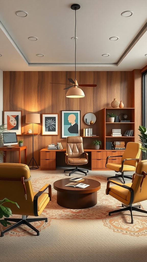 A stylish mid-century modern executive office with wooden walls, yellow chairs, and art on the walls.