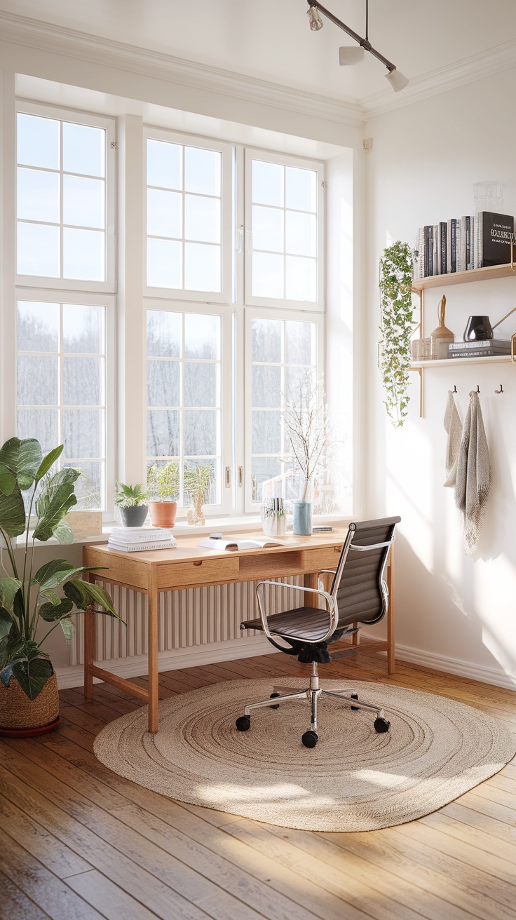 A minimalist Scandinavian home office design featuring a wooden desk, a stylish chair, natural light from large windows, and potted plants.