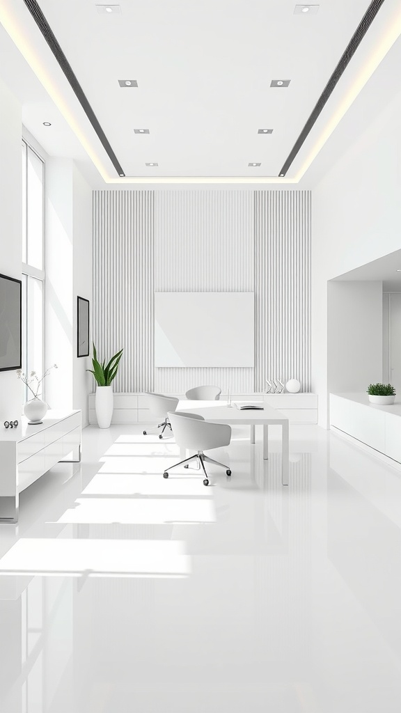 A minimalist office interior showcasing a bright white color scheme with modern furniture and natural light.